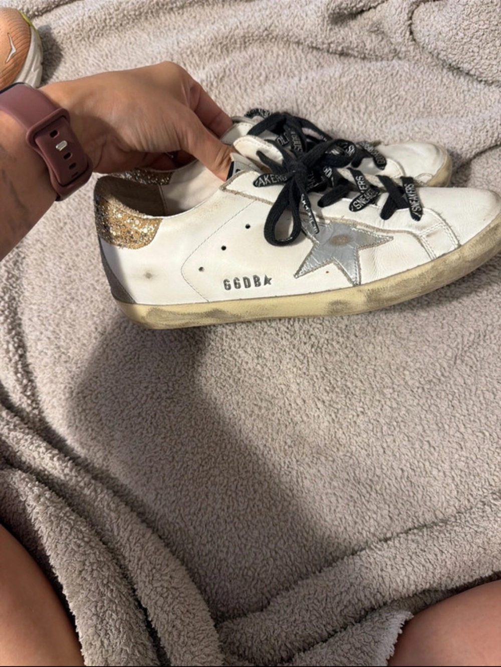 Golden Goose White Leather Sneakers with Gold Glitter Heel and Silver Star